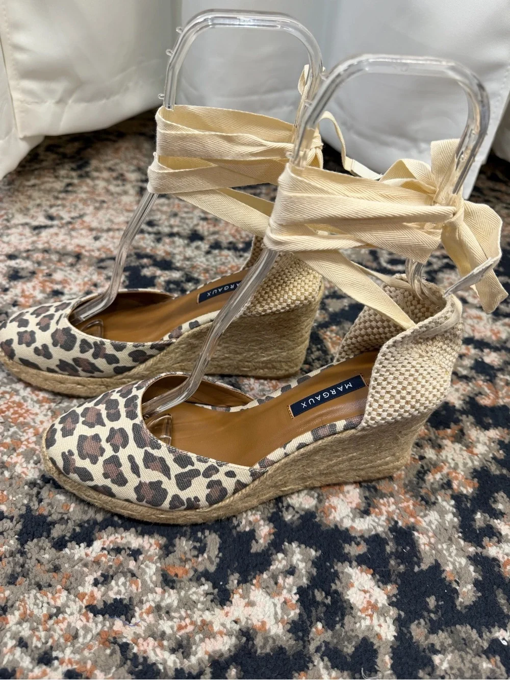 New Margaux Leopard Print Espadrille Wedges with Cream Ribbons.